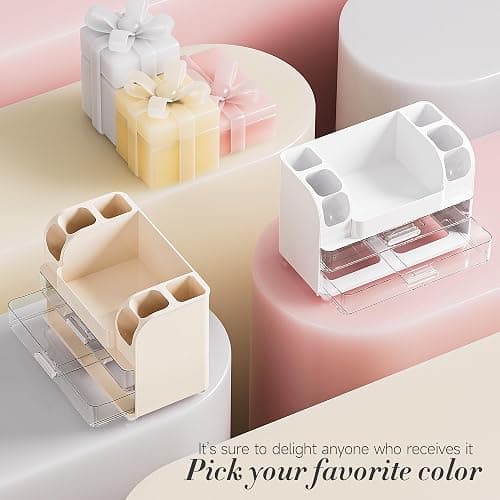 Delamu Large Makeup Organizer Countertop with 6 Brush Holders, Cream White | Vanity Organizer with 2 Drawers, Gift for Women & Girls, Holds Perfume, Skincare, Lipstick, Nail Polish & Hair Accessories thumbnail 9