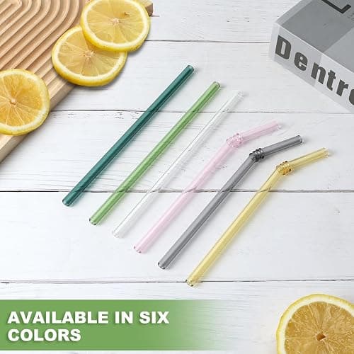 FBAJOJO, coloured glass straws, 8 inch long, 8 mm diameter, 12 wear resistant heat resistant straws, with 4 straw cleaning brushes, 6 straight, 6 curved design thumbnail 4