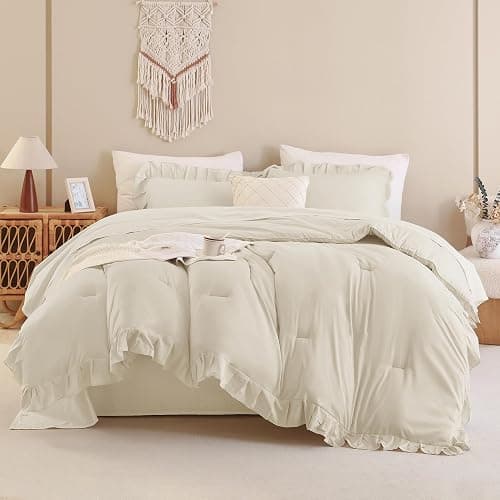 Andency Beige Comforter Set Full Size, 3 Pieces Solid Ruffle Vintage Rustic Soft Bedding Comforter Sets, All Season Lightweight Fluffy Soft Microfiber Bedding Set (79x90 Comforter & 2 Pillowcases) thumbnail 4