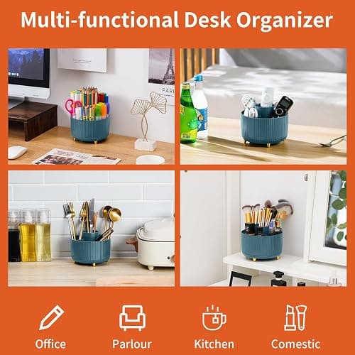 Marbrasse Desk Organiser,360-Degree Rotating Pen Holder for Accessories with 5 Compartments Pencil Organiser,Pen Storage Box Caddy for Office,Home(Dark Green) thumbnail 7