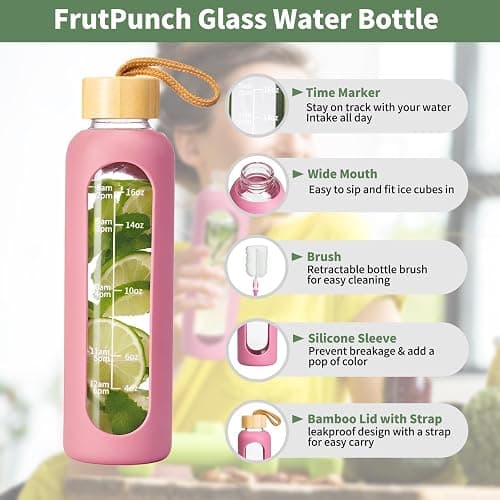 Glass Water Bottles 18oz/550ML, Water Bottle with Time Marker, Leakproof Glass Water Bottles with Silicone Sleeves, Suitable for Offices and Gyms, Pink thumbnail 3
