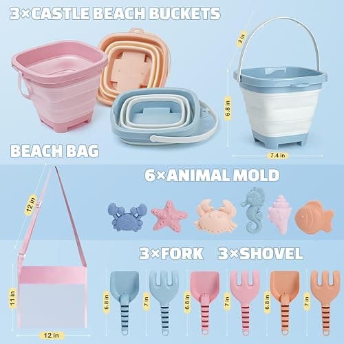 Dreamon Beach Toys Set for Kids 3-10, Collapsible Sand Buckets with Beach Molds and Mesh Bag, 3 Pack Shovels Set Sand Toys for Beach, Sandbox Travel Toys for Toddlers Kids thumbnail 3