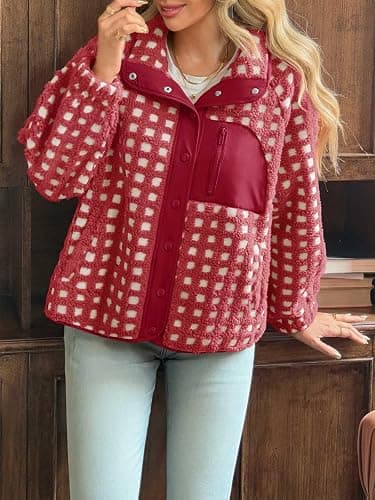 Tankaneo Womens Fleece Sherpa Jacket Fuzzy Checkered Button Down Stand Collar Jacket Winter Warm Outerwear thumbnail 4