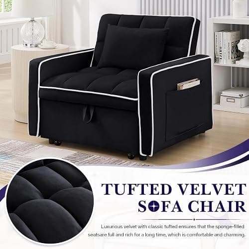 Convertible Sleeper Chair Bed, 3 in 1 Modern Velvet Pull Out Sofa Bed, Small Tufted Single Sleeper Chair with Adjustable Backrest/Pillow for Living Room, Small Spaces, Apartment, Office, Black thumbnail 7