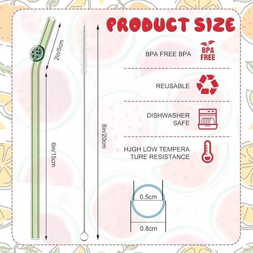 6 Pcs Glass Straws with Design Reusable Cute Fruit Drinking Straws 7.9in x 8mm Colorful Party Favors Decorations with 2 Cleaning Brushes for Summer Beach Birthday(Bent) thumbnail 3