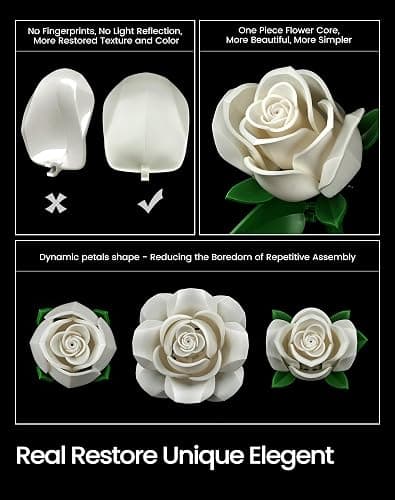 iATOM White Rose Bouquet Building Set, Wedding Artificial Flowers Botanical Collection for Adults Women, Gift for Christmas & Valentines Day - Home Office Table Centerpiece Decor - IA11013 thumbnail 4