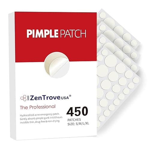 ZenTroveUSA® 450 Pimple Patches for Face, 4 Size Acne Patches, Hydrocolloid Patches for Covering Zits and Blemishes, Spot Stickers with Salicylic Acid, Glycolic Acid, Tea Tree Oil and Calendula Oil