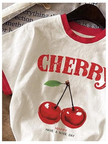 RoseSeek Girls Cherry Shirt Short Sleeve Colorblock Graphic Tees Cute Summer Shirts Y2k Aesthetic Clothes thumbnail 4