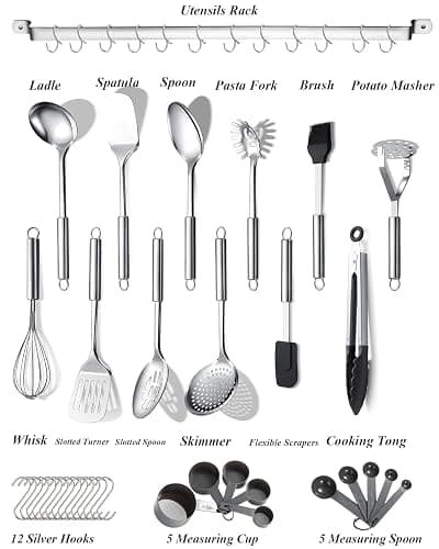 Berglander Kitchen Utensils Set 38 Pieces, Stainless Steel Cooking Utensils Set, Kitchen Gadgets Cookware, Kitchen Tool Set with Utensil Holder Rack And Hooks For Hanging Dishwasher Safe thumbnail 3