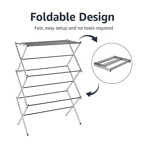 Amazon Basics Foldable Portable Laundry Drying Rack for Indoor Air Drying Clothing, 14.5 x 29.5 x 41.8 inches (LxWxH), Chrome Silver thumbnail 5