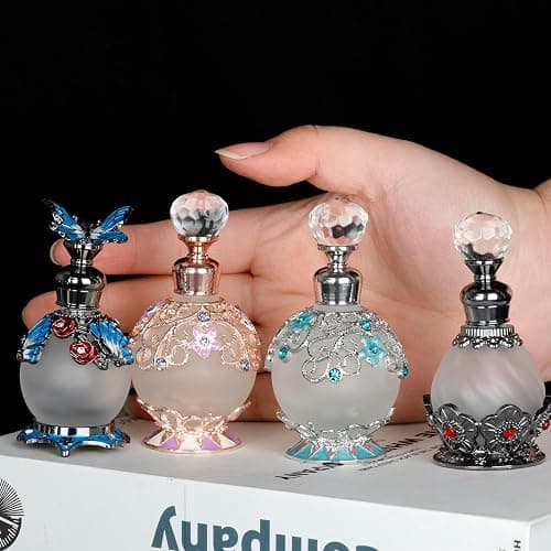 15ml Vintage Glass Perfume Bottle with Antique Silver Flower Figurine - Refillable Empty Decorative Bottle for Essential Oils - Girl or Women Gift for Dresser Table Decor thumbnail 7