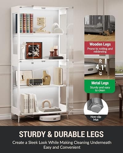 Display Cabinet with Glass Doors, 4-Tier, RGB Lights, Adjustable Shelves | Tempered glass doors; 2 adjustable shelves; app/remote RGB lighting; for collectibles, figures, trophies & books; white. thumbnail 4