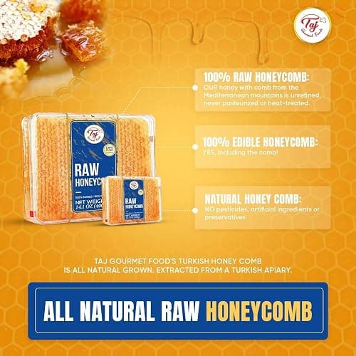 Taj Gourmet All Natural Raw Honeycomb 100% Honey Pure Turkish Raw Honey Comb -100% All Natural Edible Honey Combs Raw Edible - Perfect For Healthy Smoothies Honey With Honeycomb, 200g (7.05oz) thumbnail 3
