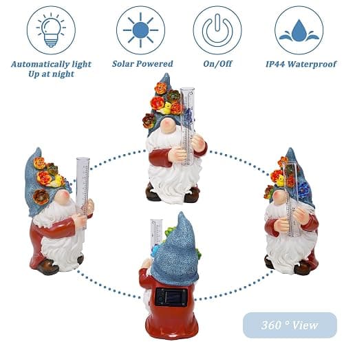 FORUP Resin Gnome Solar Rain Gauges, Resin Garden Gnome Statue with a Plastic Rain Gauge, Hand Painted Gnome Sculpture Water Gauge for Rain thumbnail 3