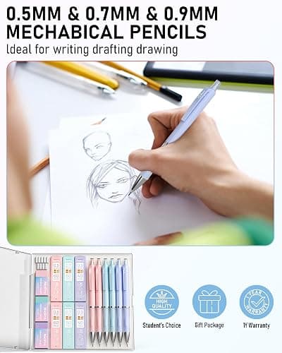 Nicpro 6PCS Pastel Mechanical Pencil Set, Cute Mechanical Pencils 0.5 mm & 0.7 mm & 0.9 mm with 360PCS HB Lead Refills, Eraser, Eraser Refill for Student Writing Drawing Sketching Drafting with Case thumbnail 7
