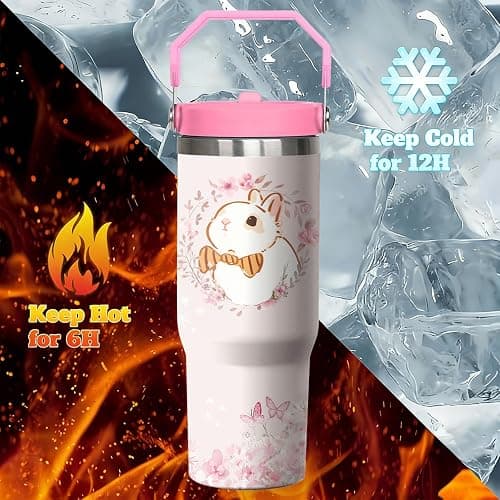 30oz Bunny Tumbler with Handle and Flip Straw, Rabbit Stainless Steel Vacuum Insulated Cup, Travel Mug Water Bottle, Easter Gifts for Women Bunny Lovers thumbnail 5
