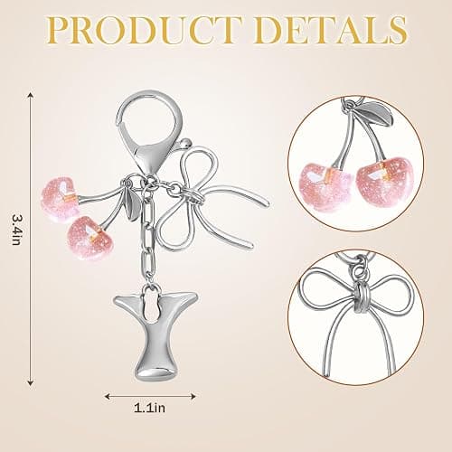Snycler Bubble Initial Keychain with Bow & Cherry - Silver Letter Bag Charms for Women, Cute Purse Handbag Accessories thumbnail 2