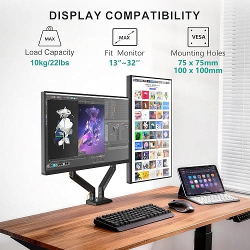 WALI Dual Monitor Stand for 13-32 inch Computer Screens, Dual Monitor Arms for 2 Monitors Holds up to 22 lbs, Height Adjustable Dual Monitors Mount, VESA 75x75/100x100mm (GSMP002N), Black thumbnail 2