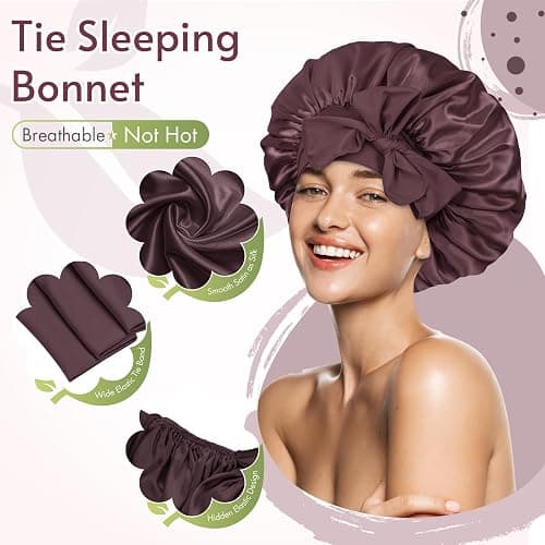BONNET QUEEN Silk Bonnet for Sleeping Women Satin Bonnet Night Sleep Cap Wrap for Curly Hair with Adjustable Tie Band, Single Layer, Maroon thumbnail 3