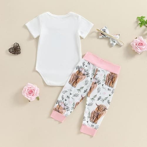 Lenjindjer Western Baby Girl Summer Outfit New to The Herd Short Sleeve Romper Highland Cow Pants 3Pcs Coming Home Outfit thumbnail 3