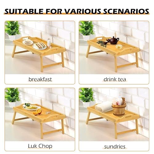 Bamboo Bed Tray Table, Folding Legs and Handles, Breakfast Tray, Laptop Desk for Bed or Sofa, Serving Tray for Eating, Working, Reading,Picnic thumbnail 7