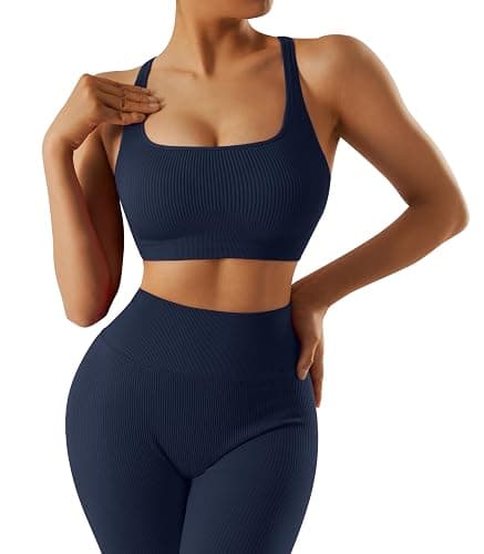 RXRXCOCO Ribbed Workout Sets for Women 2 Piece Backless Strappy Sports Bra Seamless Leggings Matching Set Yoga Outfits thumbnail 2