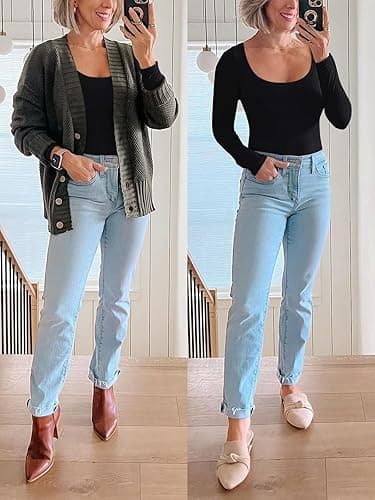 REORIA Women's Sexy Basic Sexy Scoop Long Sleeve Double Lined Layering Slim Bodysuit Tops thumbnail 6
