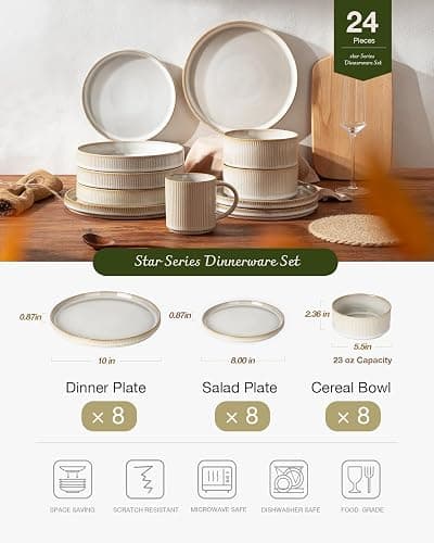 famiware Star Plates and Bowls Sets, Modern Stoneware Dinnerware Sets for 8, 24-Piece Kitchen Dish Set - Microwave and Dishwasher Safe, Chip and Scratch Resistant, Cappuccino White thumbnail 4