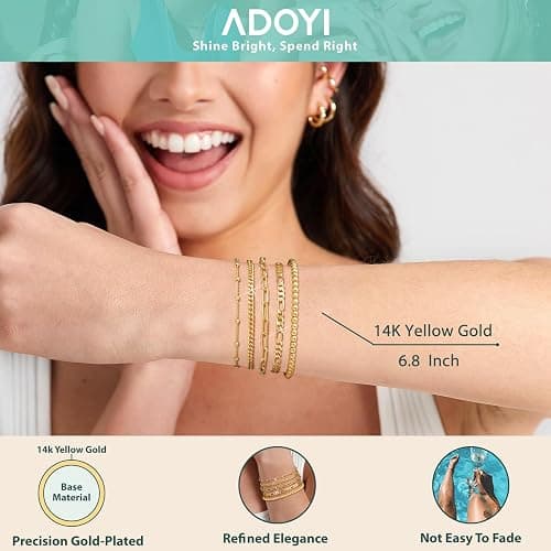 adoyi Gold Bracelets for Women, 14K Gold Plated Stackable Bracelet Stack Set Adjustable Charm Paperclip Chain Cuban Link Layered Waterproof Jewelry Sets Gifts for Womens 6.0/6.8/7.2" thumbnail 5
