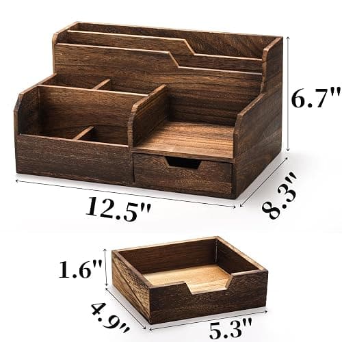 Pumtus Brown Wooden Mail Organizer, Desk Organizer with 7 Compartments and Drawer, Rustic Mail Sorter with Pen Holder, Tabletop Mail Basket, Office Accessories Holder for Pen File Letter Document thumbnail 3