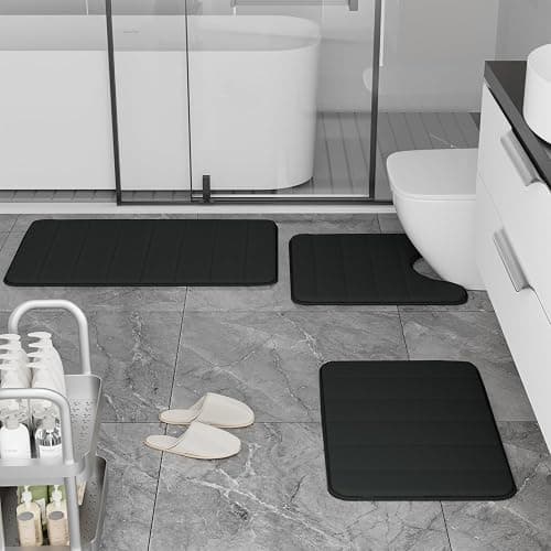 Bathroom Rugs Set Memory Foam Bath Rugs Non-Slip Bath Mat Set 3 Piece,Washable Bathroom Mats,Absorbent Shaggy Rugs Super Soft U-Shaped Toilet Rug,Bahroom Carpets for Bathroom,Tub,Shower（Black） thumbnail 6