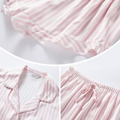 SAPJON Satin Silk Pajamas for Women 2Pcs Ruffle Notch Collar Sleepwear Button Down Short Sleeve Shorts Pjs Set Loungewear thumbnail 4