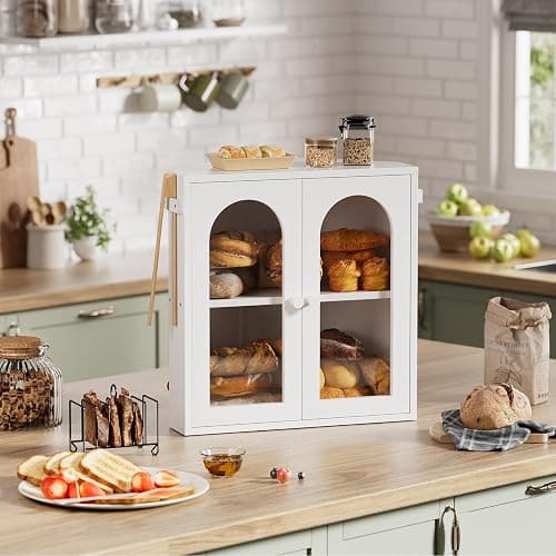 WOWLIVE Corner Bread Box for Kitchen Countertop, 2 Tier Bamboo Bread Storage Container for Homemade Bread with Clear Acrylic Door Panel, Bread Bin Farmhouse Breadbox Organizer (White, Extra Large) thumbnail 7