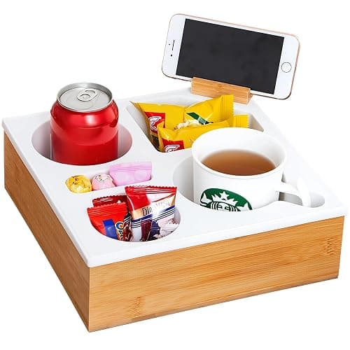 2-in-1 Bamboo Sofa Organizer - Waterproof Couch Tray with 2 Cup Holders (Fits 32oz Bottles), Snack Bowl & Remote Slot - Portable Lap Desk for Bed, RV & Outdoor Use (White) - Image 1