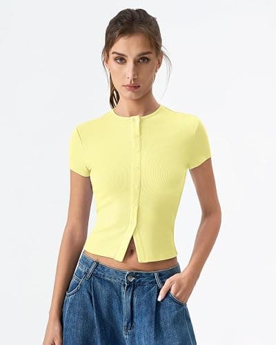 QINSEN Women's Crewneck Short Sleeve T Shirts Ribbed Button Going Out Trendy Tops thumbnail 5
