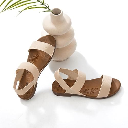 Veittes Women's Casual Flat Slide Sandals - Adjustable Elastic Strappy Double Bands Summer Flat Sandals thumbnail 5