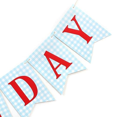 Blue and red Happy Birthday Banner - Happy 1st Birthday decorations, Blue Gingham with Red Letters Happy Birthday Banner thumbnail 5