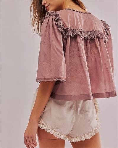 Women Lace Trim Cardigan Shirt Short Sleeve Button Down Ruffle Hem Blouse Summer Boho Tops Y2K Going Out Tops thumbnail 5