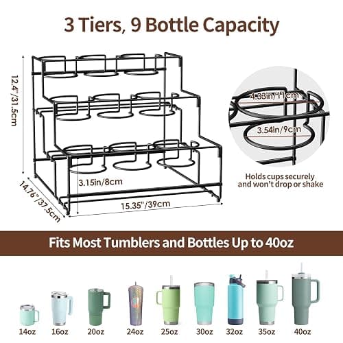 Nuovoware Water Bottle Organizer for Stanley 40 Oz Tumbler with Handle, 3-Tier Stanley Cup Organizer for Cabinet, 9 Bottles Free-Standing Kitchen Tumbler Storage Holder, Easy to Install, Black - Black thumbnail 2