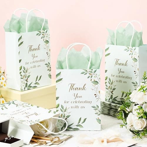 Fuutreo 100 Set Wedding Gift Bags with Tissue Paper Wedding Welcome Favor Paper Bags for Guests with Handles Thank You Bridal Shower Hotel 21 * 8 * 15cm(Eucalyptus Leaves) thumbnail 2