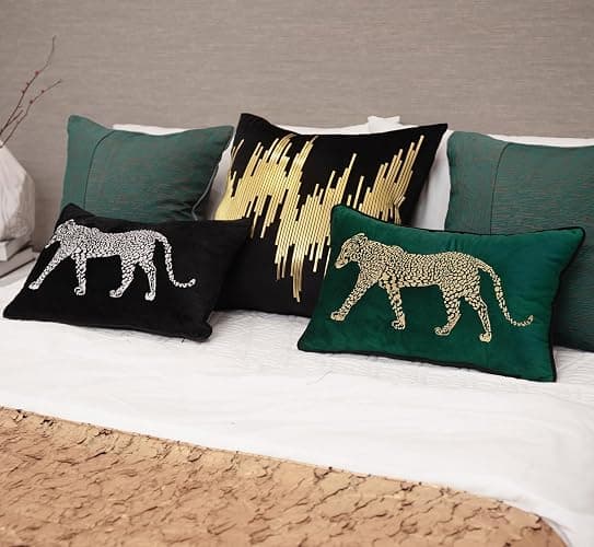 vctops Soft Velvet Embroidery Lumbar Decorative Throw Pillow Covers Leopard Pattern Cushion Case for Sofa Bedroom Couch (Black,12"x20") thumbnail 4