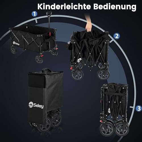 Sekey 220L Collapsible Foldable Wagon with 330lbs Weight Capacity, Heavy Duty Folding Wagon Cart with Big All-Terrain Wheels & Drink Holders (Black) - Black thumbnail 7
