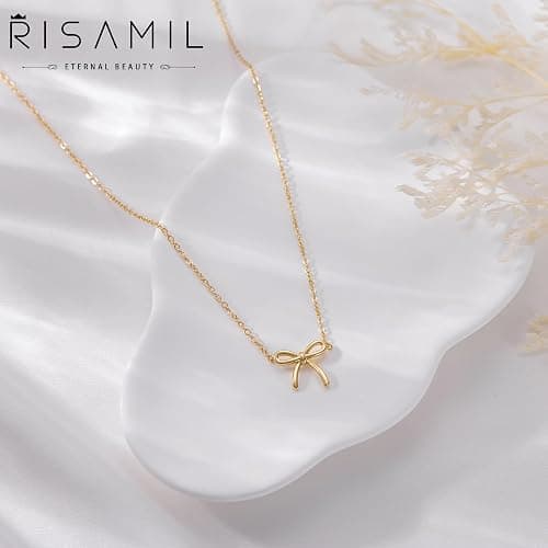 Risamil 14K Gold Plated Necklace for Women - Bow Necklace - Dainty Necklace Cute Small Tiny Bow Pendant Choker Chain Necklace Trendy Necklaces for Women Jewelry Gift thumbnail 6