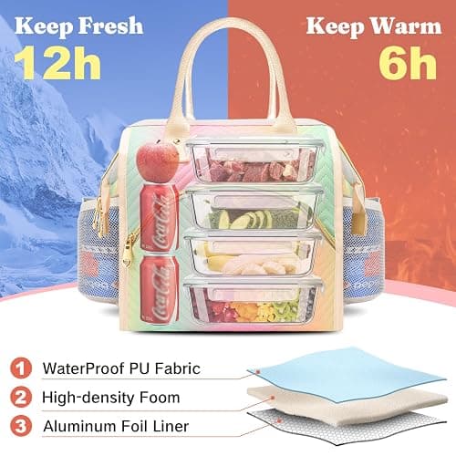 Lunch Bag Women Insulated Lunch Box Wide-Open Lunch Tote Bag Large Drinks Holder Durable Nylon Thermal Snacks Organizer for Men Adults Work Picnic Hiking Beach Fishing, Pink Wavy thumbnail 6