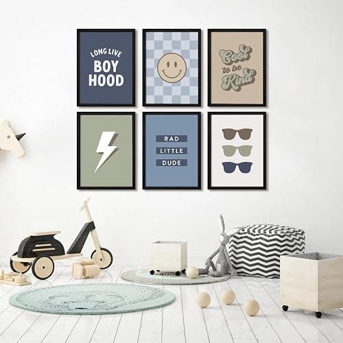 Boy Nursery Wall Art Decor Toddler Baby Boy Room Canvas Pictures Blue Cool Nursery Poster Teen Playroom Prints Long Live Boyhood Artwork for Kids Bedroom 8x10 Inch Black Wood Framed Set of 6 thumbnail 7