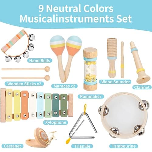 ZJEFUNS Baby Musical Instruments Set Wooden Montessori Toys for Toddlers 1-3 Percussion Instruments Set Modern Boho Music Toys for Kids Preschool Educational. thumbnail 2