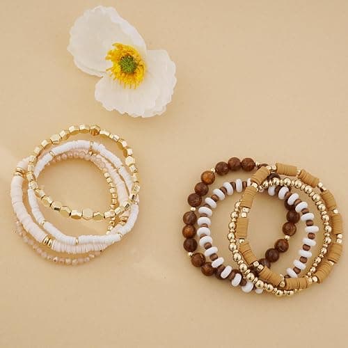 GOOJIDS Surfer Heishi Clay Bead Bracelets for Women Bohemian Stackable Gold Plated Beaded Stretch Bracelets Elastic Layering Friendship Bracelets Set Boho Jewelry thumbnail 3