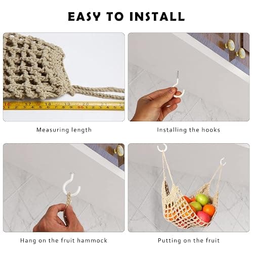 Fruit Hammock for Kitchen Under Cabinet,Large Macrame Fruit Hammock for Kitchen Décor,Storage That Saves Counter For More Counter Space at Home, Boat, or Rv,with 4 Hooks.(nature) thumbnail 4