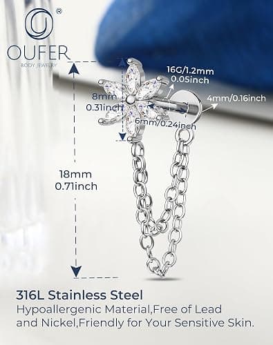 OUFER Flowers Helix Stud Dangly Chains Conch Tragus Piercing Jewellery 16G 6mm Threadless Forward Helix Jewelry Gold Silver Flat Back Cartilage Earrings Stud for Women thumbnail 2