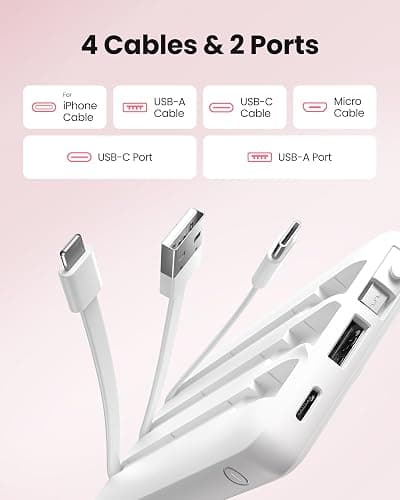 Coowisty Portable Power Bank, 10000mAh Slim Portable Charger with Built-in Cables, External Battery Pack 5 Outputs 2 Inputs LED Display Compatible with iPhone/Android & More (White) thumbnail 2